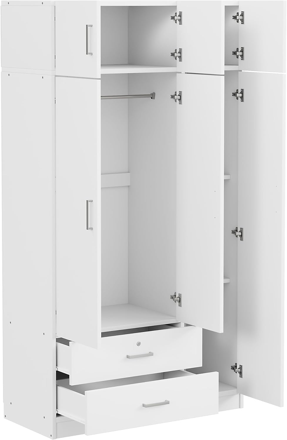 3-Door Mirror Wardrobe Closet, Bedroom Freestanding Storage Armoire Organizer with 2 Drawers and Top Cabinet, 41.30" L x 19.50" W x 81.10" H, White
