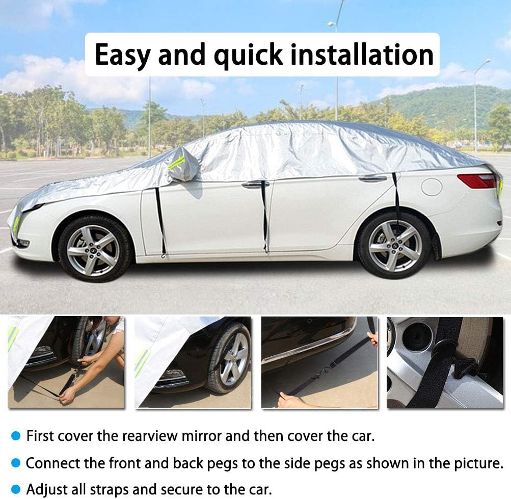 Konnfeir Half Car Cover with Cotton All Weather Car Body Covers Outdoor Indoor for All Season Waterproof Windproof Dustproof Snowproof Universal Car Half Cover (Fit Hatchback Length 158'' to 173'')