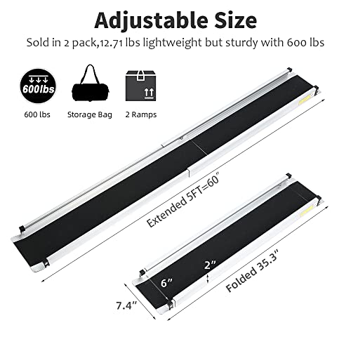 Adjustable Wheelchair Ramp 6FT Telescoping Portable Ramps for Steps Aluminum Lightweight Ramp with Storage Bag Non-Skid Ramps for Wheelchair for Home 72" L x 7.4" W 600lbs Capacity (2 Pack)