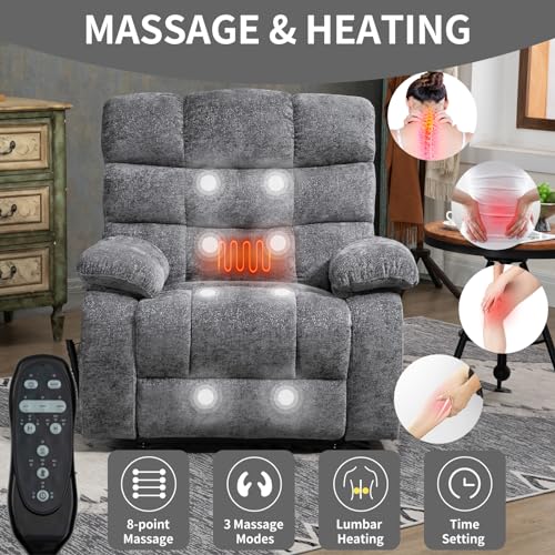 Oversized Lift Recliner Chair - Lay Flat Massage Recliner Chair with Heat & Massage Function, Dual Motor Infinite Position Up to 350 LBS Heavy Duty Electric Power Lift Recliners with Remote (Grey)