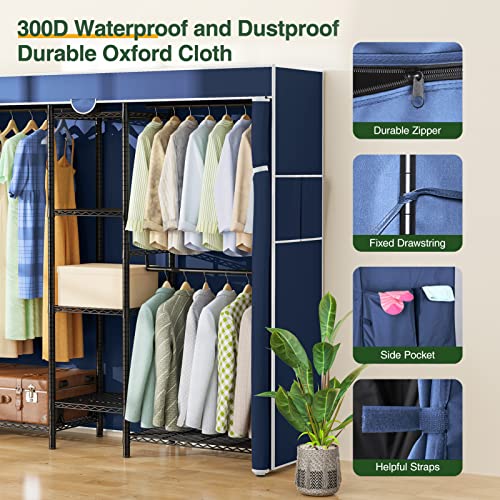 LEHOM G6C Heavy Duty Clothes Rack with Cover, Wire Garment Rack for Hanging Clothes, Compact Closet Storage Clothing Rack with Blue Oxford Fabric Cover, Adjustable Hanging Clothes Racks for Bedroom