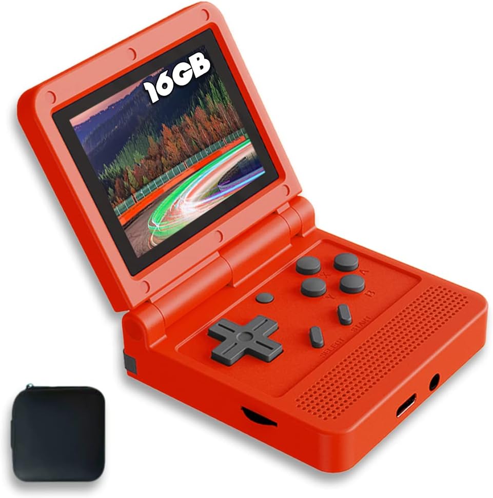 CredevZone Handheld Game Console 3 inch Retro Clamshell Games Consoles Built-in Rechargeable Battery Portable Style Hand Held Game Video Consoles System V90 Red with Case