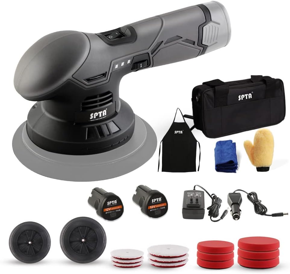 Cordless Car Buffer Polisher, SPTA Polisher with 2Pcs 12V Lithium Rechargeable Battery Brushless Polisher with Variable Speed, Portable Polisher with Polishing Pads Kit For Buffing/Polishing/Sanding