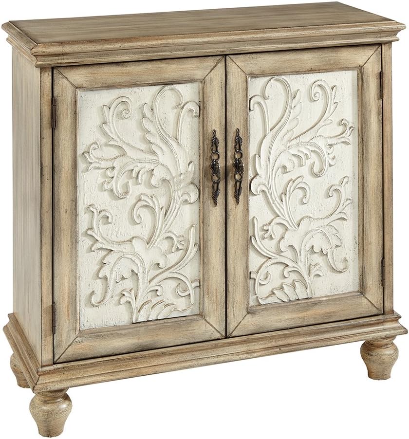 Elegant Floral Carved 2-Door Accent Cabinet with Adjustable Shelf, Natural Wood Finish, Sturdy Solid Wood Legs, Home Organizational Furniture, Stylish Farmhouse Design, Spacious Interior