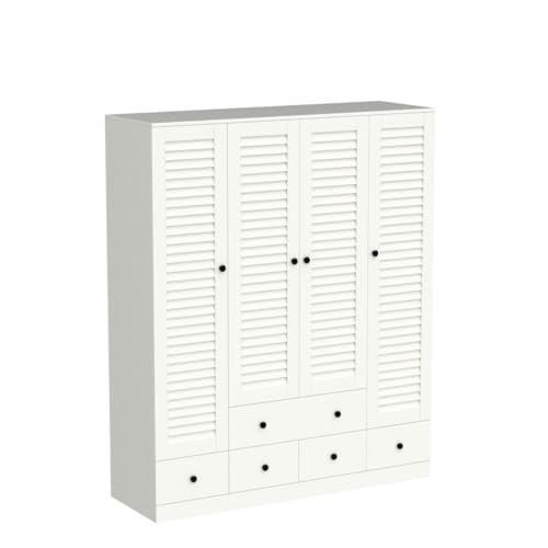 ECACAD Large Wardrobe Armoire with Multi-Tier Shelves, 5 Drawers, Hanging Rod & 4 Louver Doors, Wooden Closet Storage Cabinet for Bedroom, White (59.06”W x 19.06”D x 70.47”H)