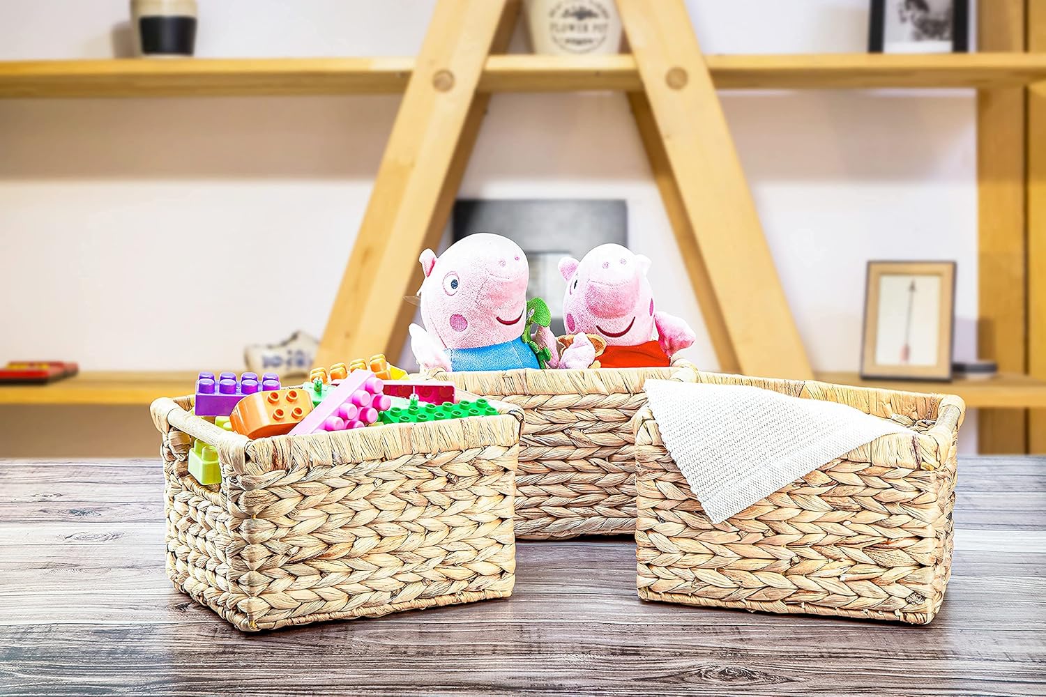 VATIMA Large Wicker Basket Rectangular with Wooden Handles for Shelves, Water Hyacinth Basket Storage, Natural Baskets for Organizing, Wicker Baskets for Storage 14.5 x 10.3 x 7.2 inches