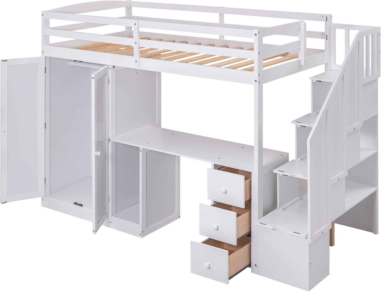Twin Loft Bed with Stairs and Wardrobe, Wooden Twin Size Loft Bed with Desk Underneath, Loft Bed with Storage Staircase and Shelves for Girls Boys Teens,White