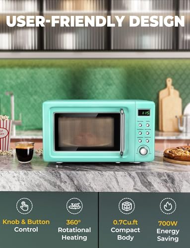 SIMOE Microwave Oven Retro Countertop Compact Microwave Oven, Child Safety Lock, Defrost & Auto Cooking Function, LED Display, Glass Turntable and Viewing Window