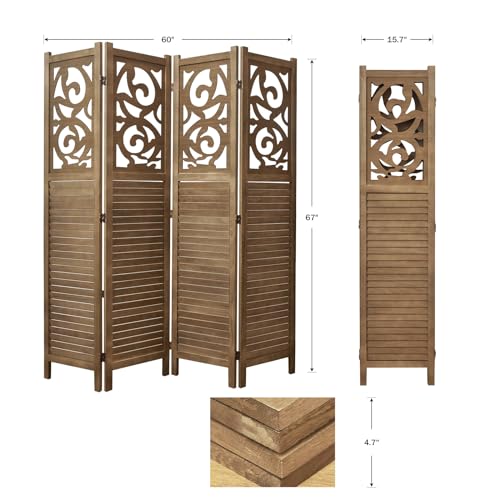 Room Divider Wood Carved Wall Divider Indoor Folding Portable Partition Screen for Home Office Garden Terrace - 6 Panel, 67 * 90inch (Dark Brown)
