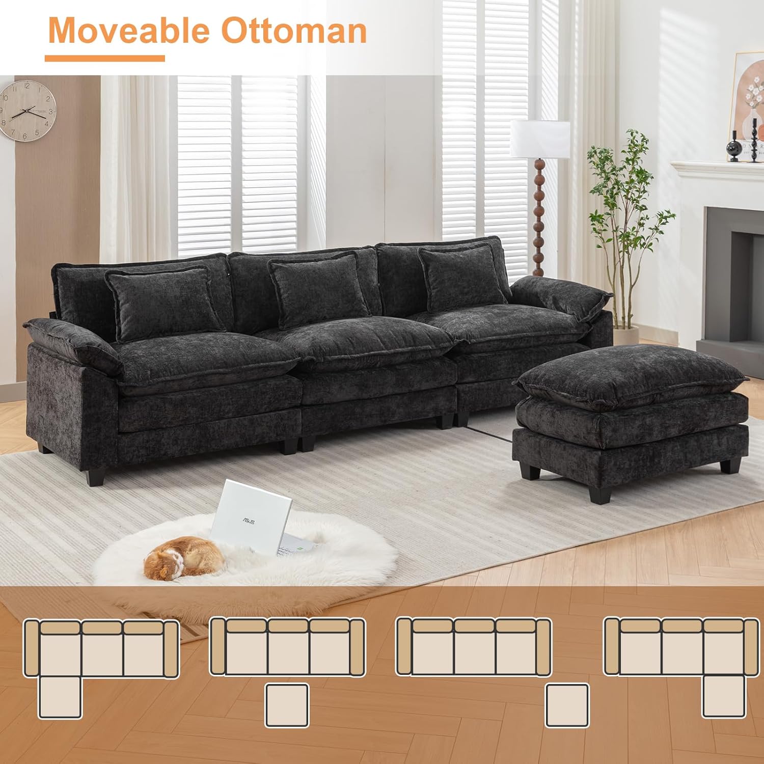 IPKIG 117" Sectional Sofa, Chenille L-Shaped Couch Comfy Upholstered 3-Seat Sofa with Ottoman, 3 Lumbar Pillow, Deep Seat Modular Oversized Couch for Living Room, Apartment, Studio (Black, 4-Seat)