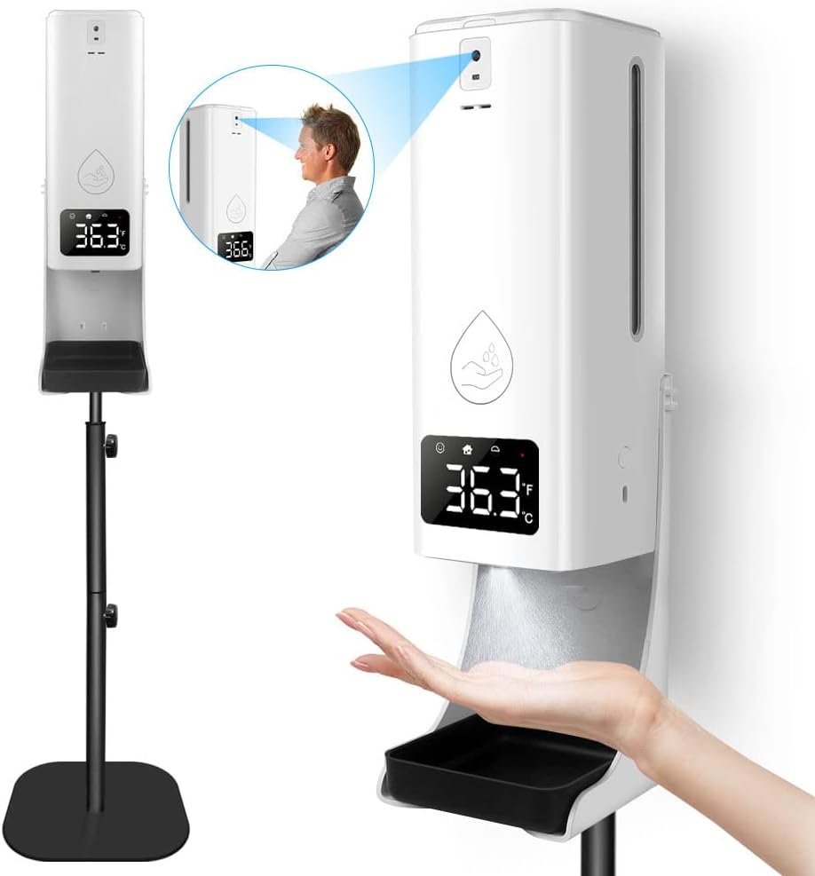 Hand Sanitizer Dispenser with Stand ,2 in 1 Wall Mount Infrared Thermometer with 1080ML Hand Sanitizing Soap Dispenser (White, with Stand)