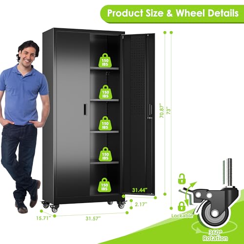 Aobabo Garage Storage Cabinet with Wheels,72" H Metal Storage Cabinet with 2 Doors and 4 Adjustable Shelves for Garage Home, Black,Required-Assembly