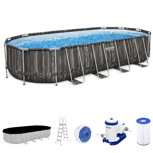 Bestway Power Steel 16' x 10' x 42" Rectangular Metal Frame Above Ground Swimming Pool Set with 1000 GPH Filter Pump, Ladder, and Pool Cover