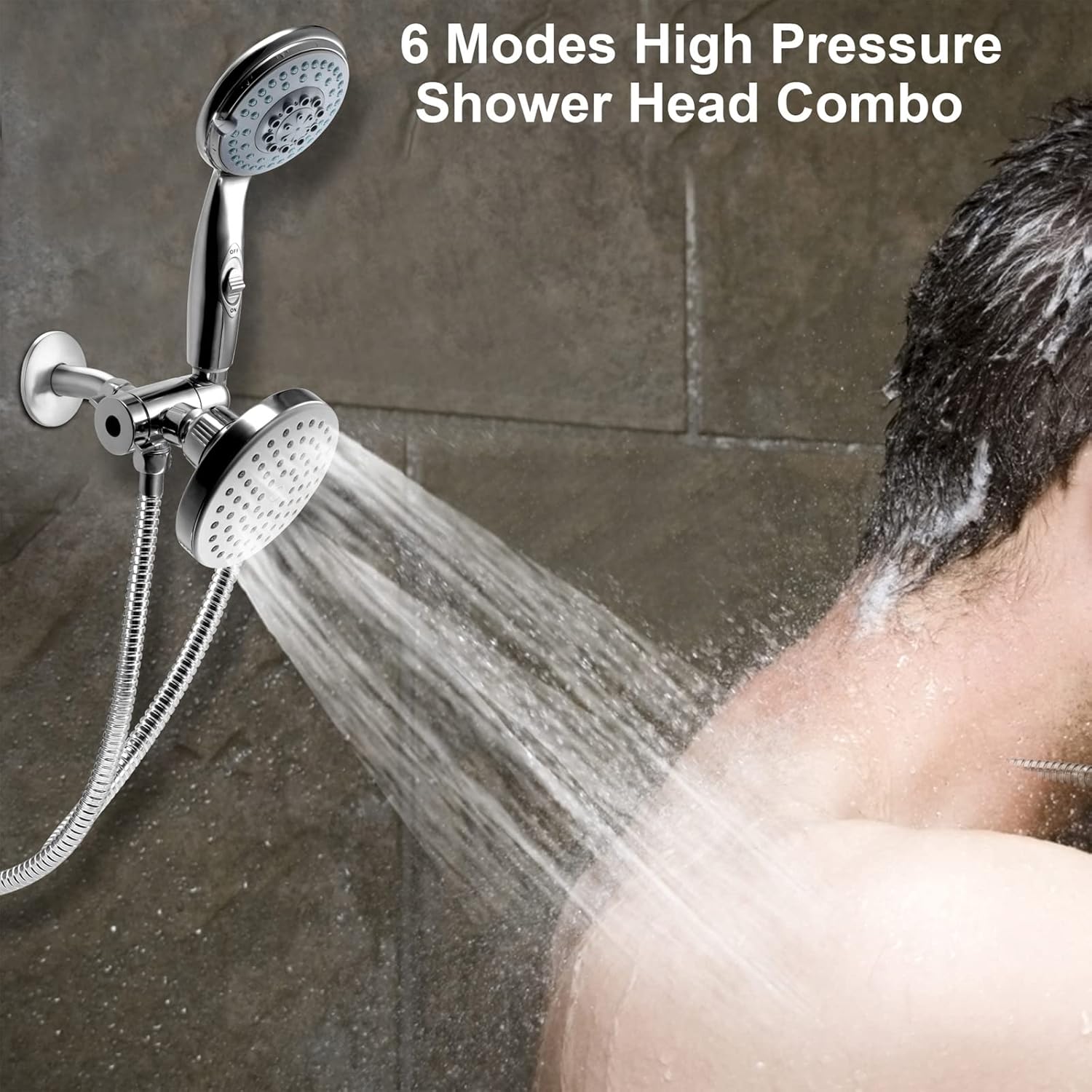 HauSun High Pressure Shower Head Combo, 5 Settings Handheld Shower Head with On/Off Switch & Rainfall Shower head, Premium 2-in-1 Dual Shower System with 6.5 FT Extra Long Hose,Chrome Pack of 2