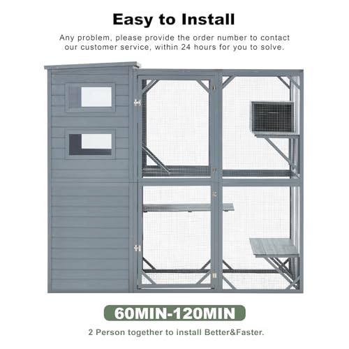 Mdeam Large Catio Outdoor Cat Enclosure, 4 Tiers Indoor Cat House for Multiple Cats with Weatherproof Roof, 4 Resting Rooms, 4 Platforms, 5 Windows, 70" H 32" W 77" L, Grey Green
