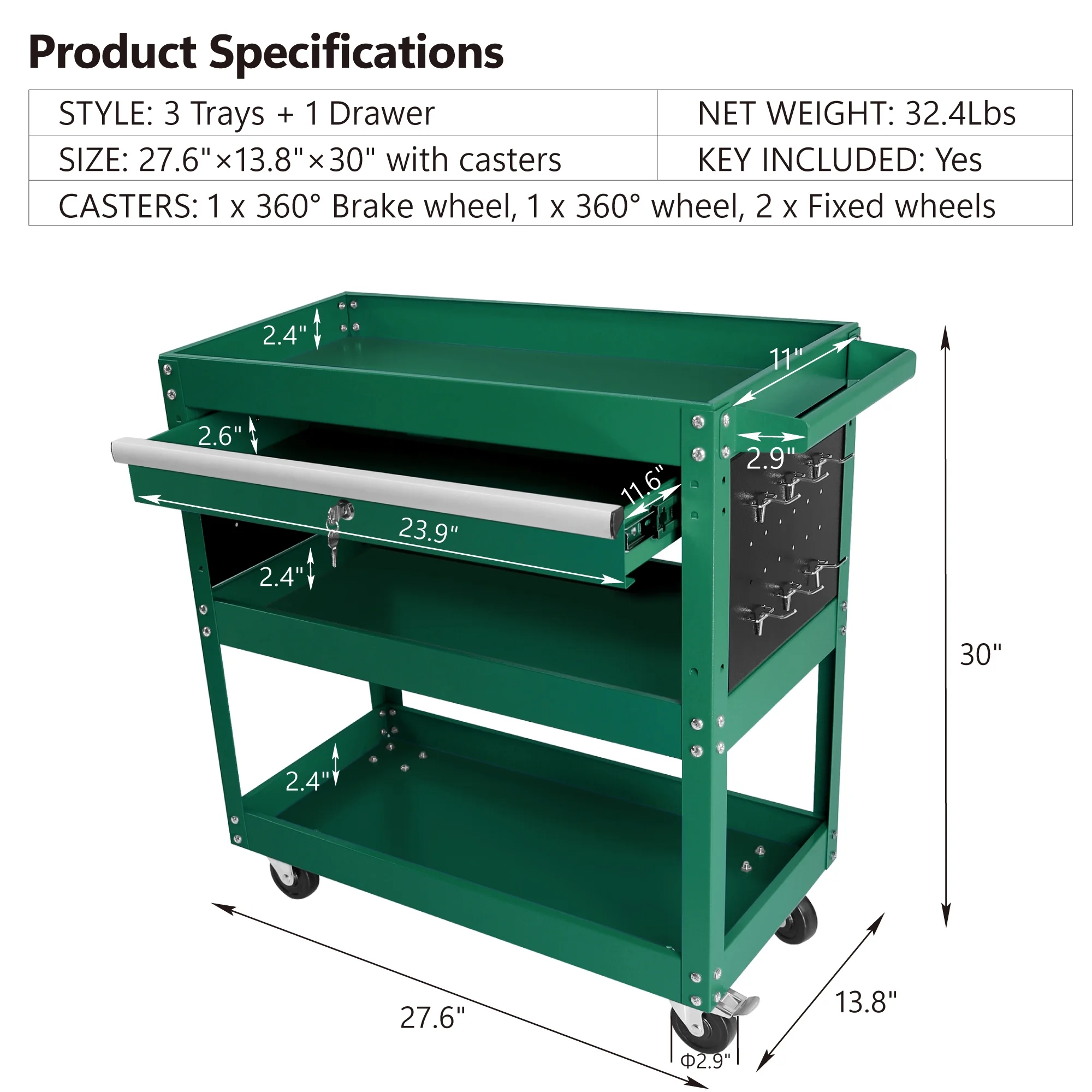 Rolling Tool Cart with Drawer, Seizeen Heavy Duty Utility Cart on Wheels, Garage Workshop Tool Organizer, 3 Tray, 1 Lockable Drawer, 6 Side Hooks
