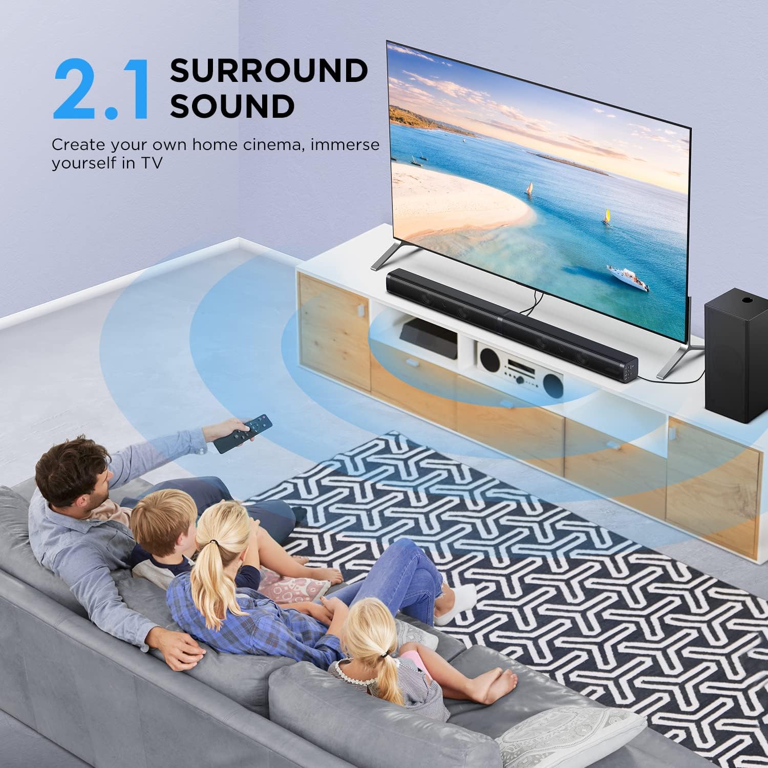 TV Sound Bar with Subwoofer, 2.1 CH Ultra-Slim Sound Bars for TV, 110dB/100W, 5 Smart EQ Modes, LED Night Mode, Bass Adjustable Surround Sound, Works with 4K & HD TVs, Optical/Aux/USB Multi-Connection