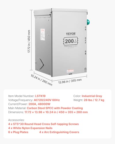 VEVOR 200A Generator Transfer Switch, 48000W Manual Transfer Switch, Heavy Duty Double-Throw Power 120/240V, Meeting NEMA 3R Standards, for Outdoor, Indoor, and Portable Generator ETL Certification