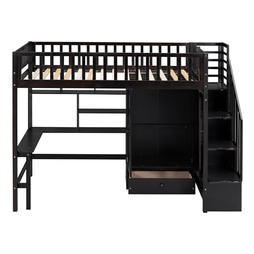 Full Size Loft Bed with Wardrobe Desk Storage Stairs, Wood Loft Bed Frame with Bookcase and Drawers, High Loft Bedframe for Kids Teens Adults, No Box Spring Needed, Espresso