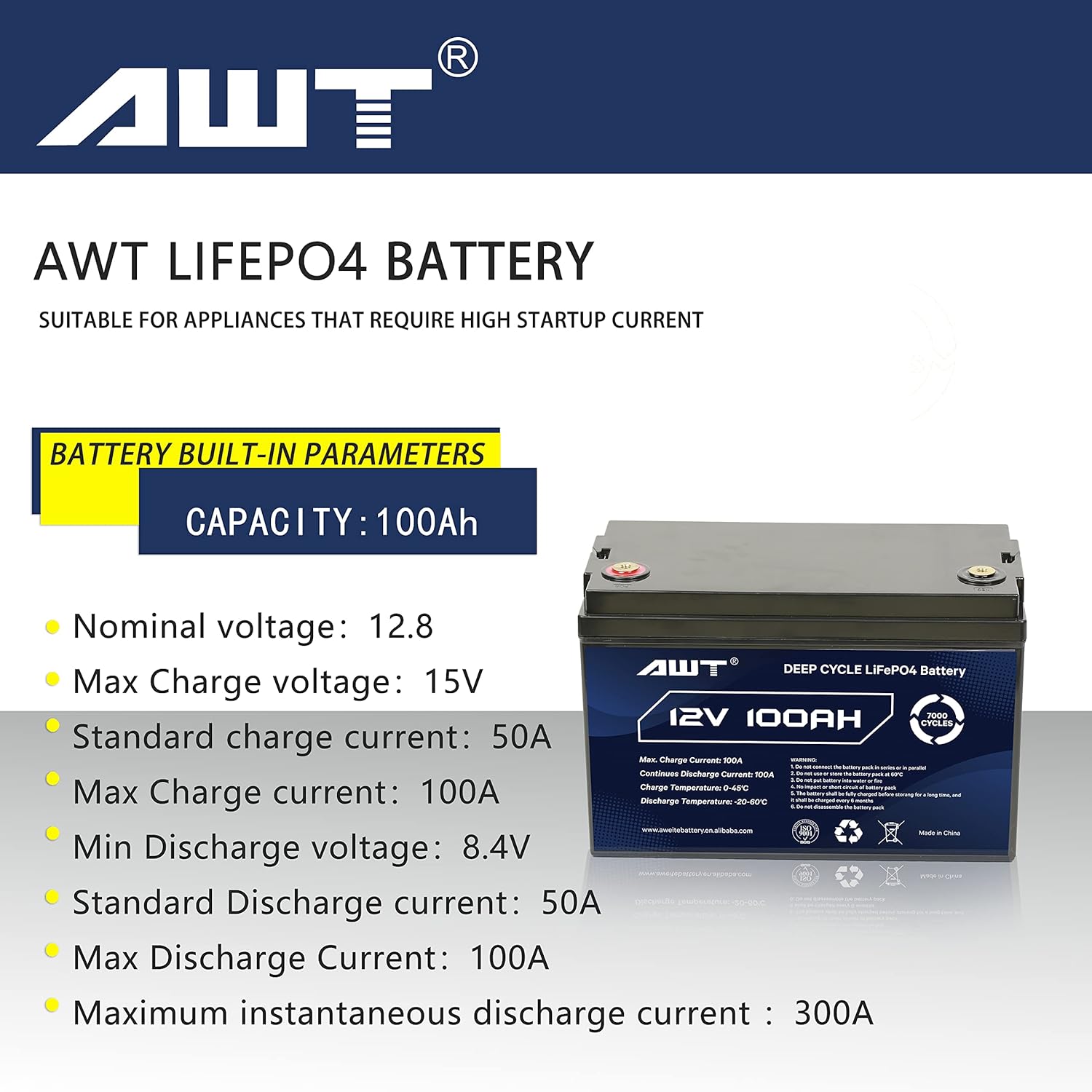 AWT 12V 100Ah Deep Cycle Lithium Battery, 20 Years Service Life (7000+ Cycles), Built-in 100A BMS Rechargeable Lifepo4 Battery for RV, Solar, Marine, Overland, Camping, Off-Grid Applications