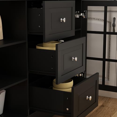 Homsee Modern Kitchen Pantry with Glass Doors, Drawers & Adjustable Shelves, Freestanding Wood Cupboard Storage Cabinet with Cup Holder for Living Room, White (47.2”W x 16.3”D x 78.9”H)