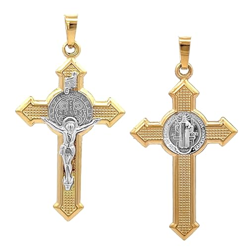 RP 14k Two Tone Gold Saint Benedict INRI Crucifix Cross Reversible Pendant Patron St. Benedict Fine Religious Jewelry for Him & Her