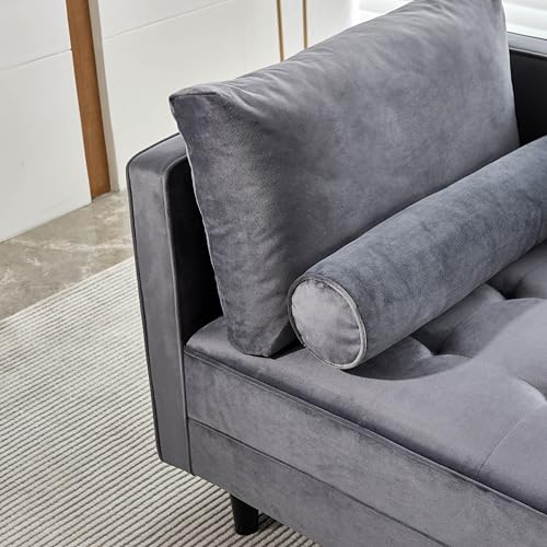 Taikonaut 64" Upholstered Velvet Chaise Lounge with Left Armrest & Lumbar Pillow, Button Tufted Lounge Sofa, Lounge Chair Indoor, Modern Velvet Lounge Chair for Bedroom, Living Room and Office (Gray)