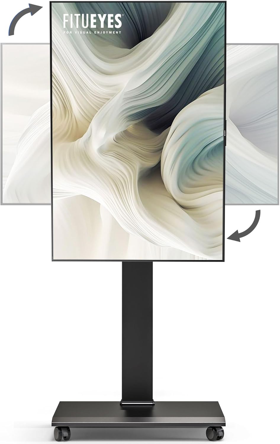 FITUEYES Mobile Stand for 40-85 Inch LCD/LED Flat Curved Screens with Wooden Large Storage and Black Height Adjustable Rolling TV Stand Hold Up to 88 Lbs，Landscape to Portrait Rotating and 40°Swivel