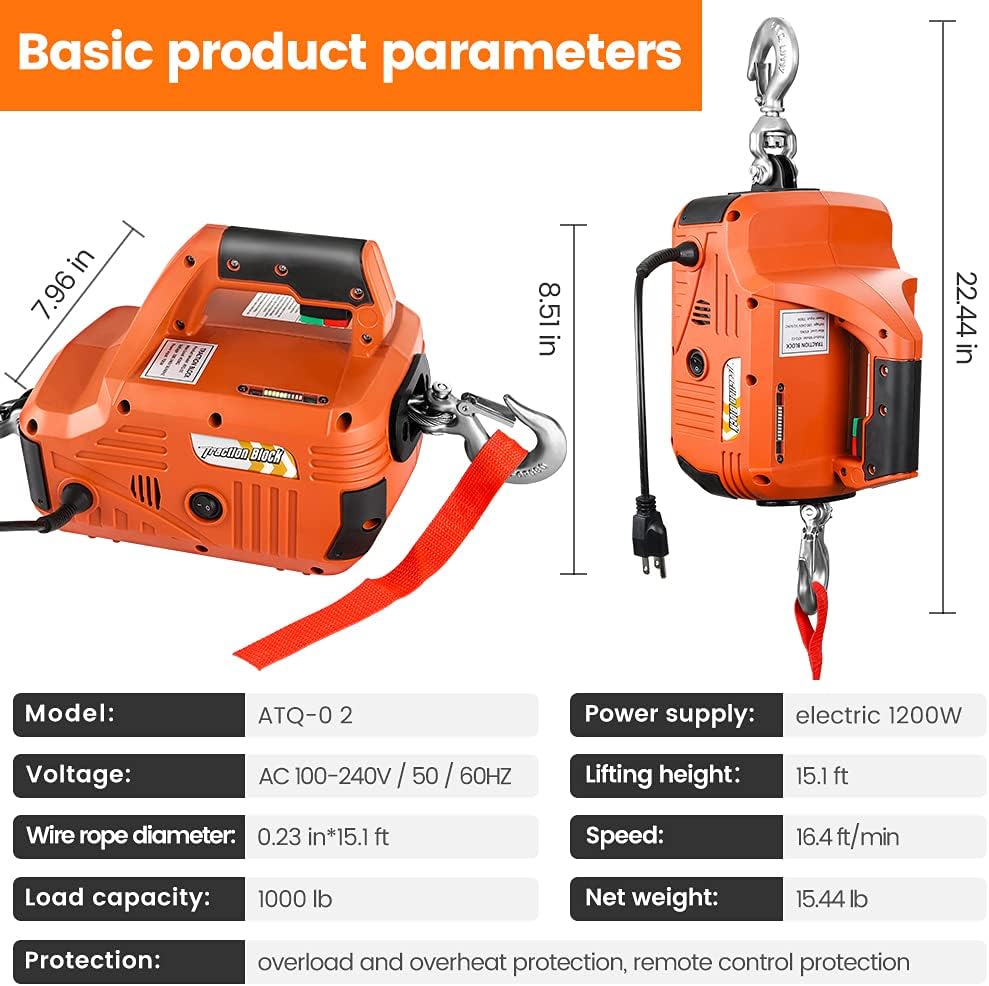 Anbull Portable Electric Winch/Hoist AC 100-240V Corded Electric Winch 15 Foot Aviation Grade Galvanized Steel Wire Aope 1000 Ib Pulling Capacity (Wireless Remote Control)