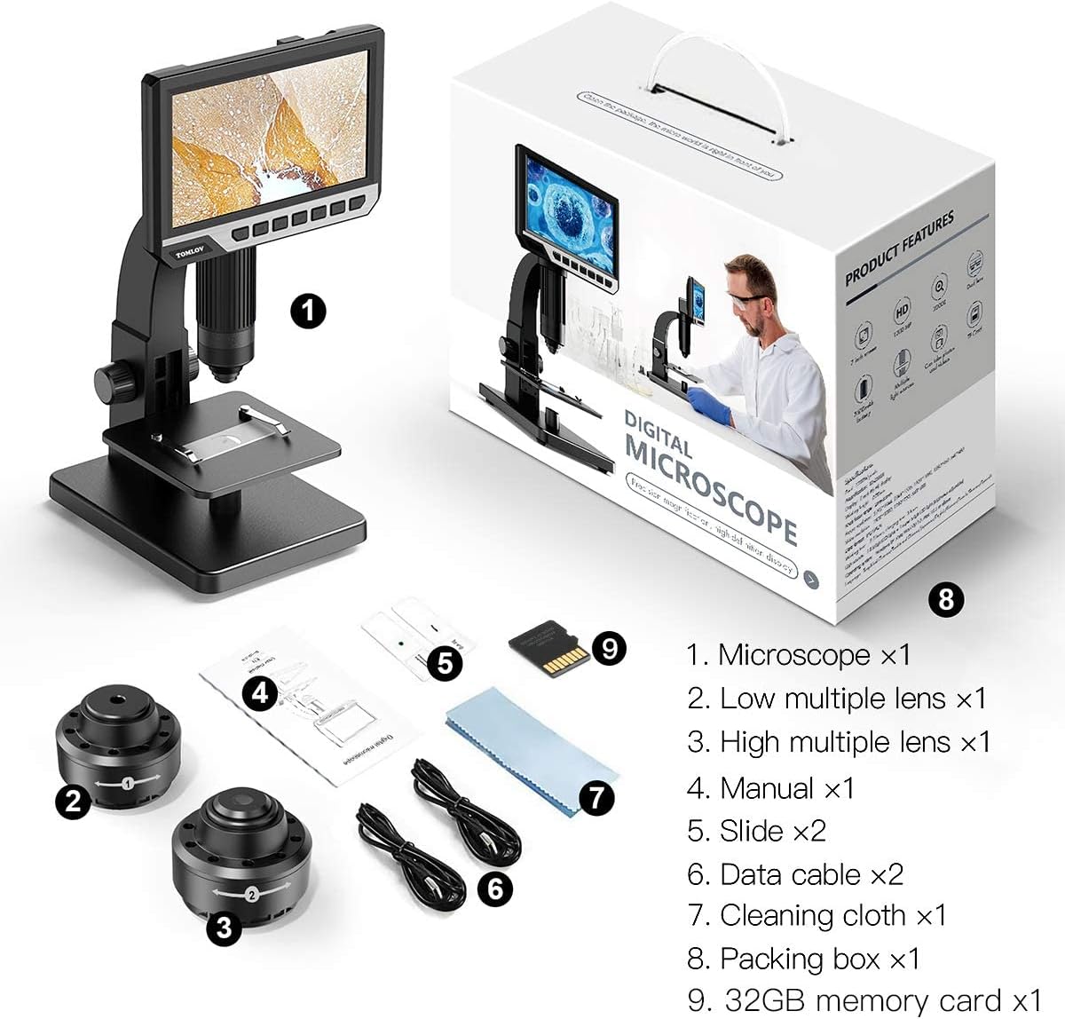 TOMLOV DM11 LCD Digital Microscope with 2000X Dual Lens(Digital & Microbial Lens), 7'' IPS Display∣10 LEDs∣12MP Resolution∣Windows/Mac OS Compatible, SD Card Included