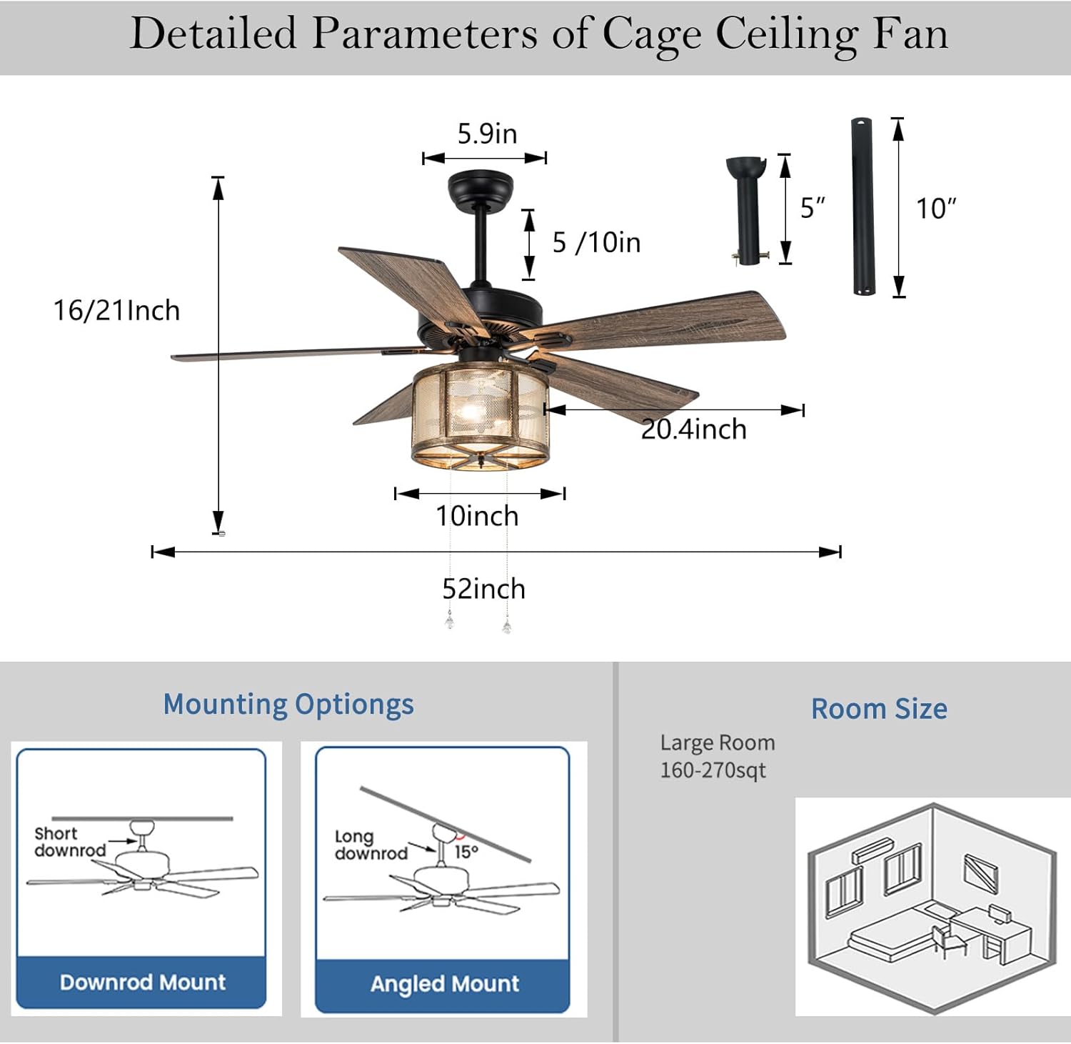 52”Farmhouse Ceiling Fan with Lights Remote Control, Caged Ceiling Fan with 5 Reverse Blades, Quiet Motor, 3 Speed Rustic Ceiling Fans for Living Room,Bedroom,Matte Black