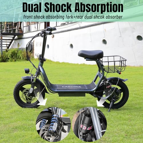 Caroma Peak 500W/800W/1200W Electric Scooter with Seat, Max 15/20/30Miles Range&20MPH, 14" Tires Foldable Adult Electric Scooter with Basket for Pets & Cargo, Dual Shock Absorbing Ebike for Commuting