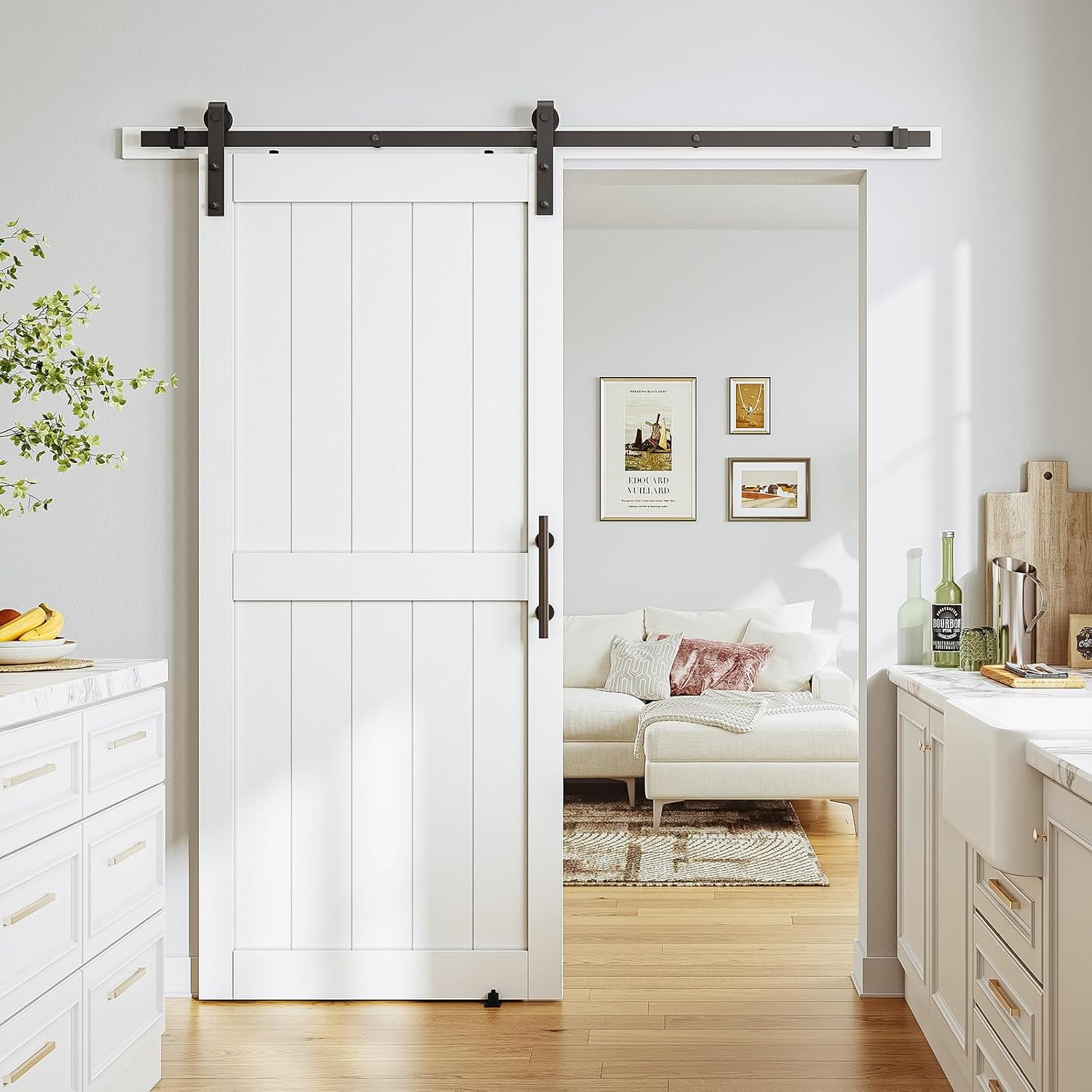 SmartStandard 36 x 80 inch White Slidng MDF Barn Door with 6.6FT Black Sliding Door Hardware Kit & Handle, Pre-Drilled Ready to Assemble, Waterproof PVC Coating, H-Frame