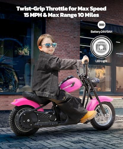 ELEMARA Electric Dirt Bike, 15 mph & 150lb Max, 24V Ride on Toy for Big Kids w/LED Lights & Power Display, Chain-Driven Motor, Twist-Grip Throttle, Shock Springs, Handbrake, 12" Air-Filled Tires-Black