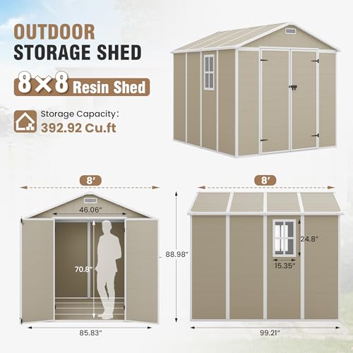 Outdoor Storage Shed, 6x6 FT Resin Shed with Floor and Lockable Door, Window, Vents, Tool Sheds and Outdoor Storage for Bike, Garden Accessories, Tools, Waterproof (Grey & White)