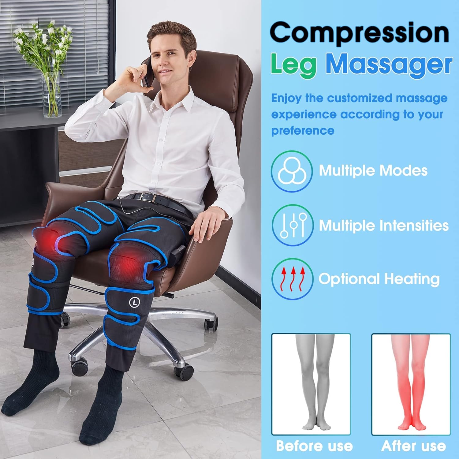 Cordless Leg-Massager for Circulation Air Compression Sequential Device for Muscles Relaxation Pain Relief, Rechargeable & Portable Calf Thigh Massage, Heat Function on Knees with 3 Modes 3 Intensity