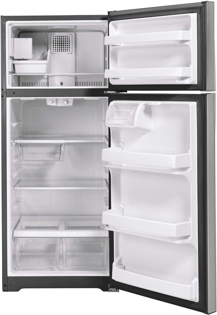 GE GIE18GSNRSS 28" Energy Star Top Freezer Refrigerator with 17.52 cu. ft. Capacity LED Lighting Edge-to-Edge Glass Shelves Sliding Deli Drawer and Upfront Temperature Controls in Stainless Steel