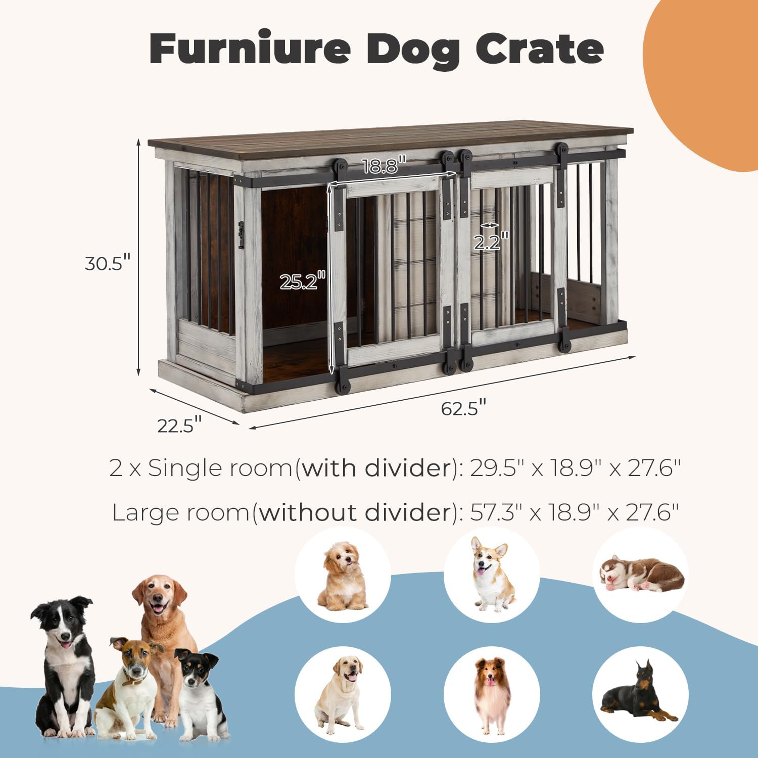 Solid Wood Dog Crate Furniture, 62.5'' Wooden Dog Crate with Removable Divider, Indoor Dog Kennel TV Cabinet, Dog Crates Furniture for 2 Small Medium Dogs, White