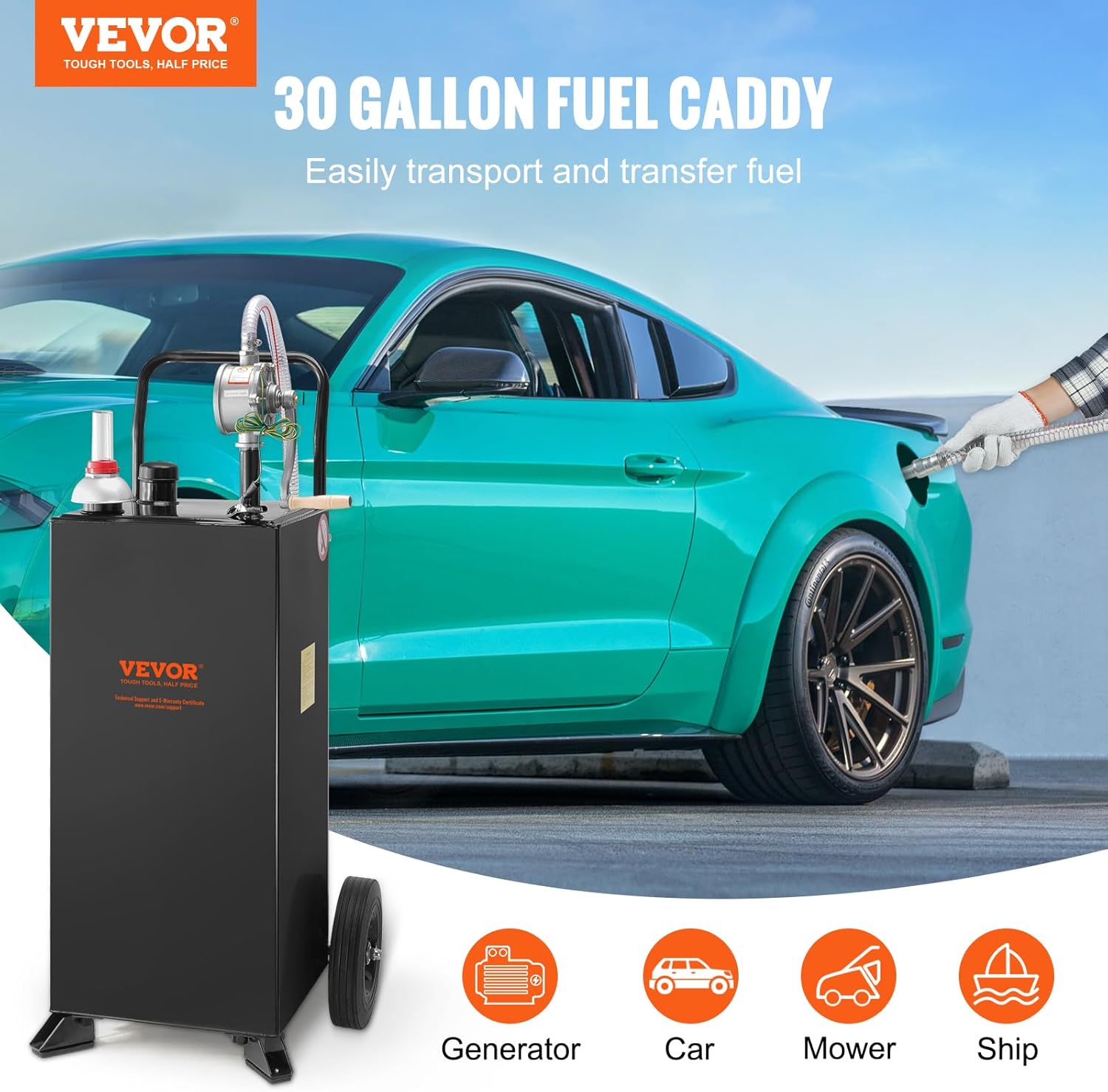 VEVOR Fuel Caddy 30 Gallon, Fuel Storage Tank with Wheels, Portable Gas Caddy with Manual Transfer Pump, Gasoline Diesel Fuel Container for Cars, Lawn Mowers, ATVs, Boats & More, Black