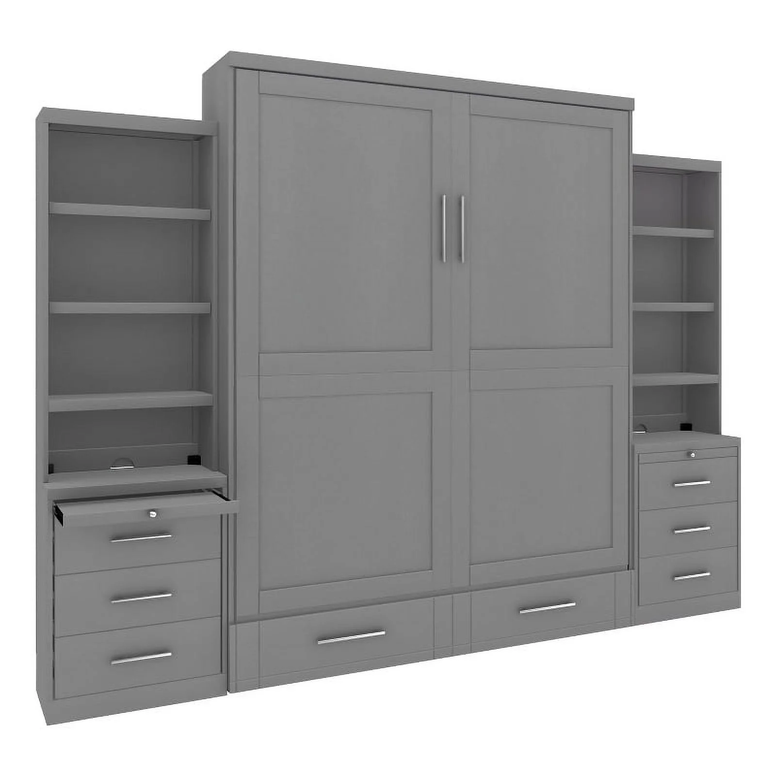 RoomAndLoft Queen Wood Murphy Wall Bed & 2 Shelf Storage Units in Gray - Curated Treasures Market
