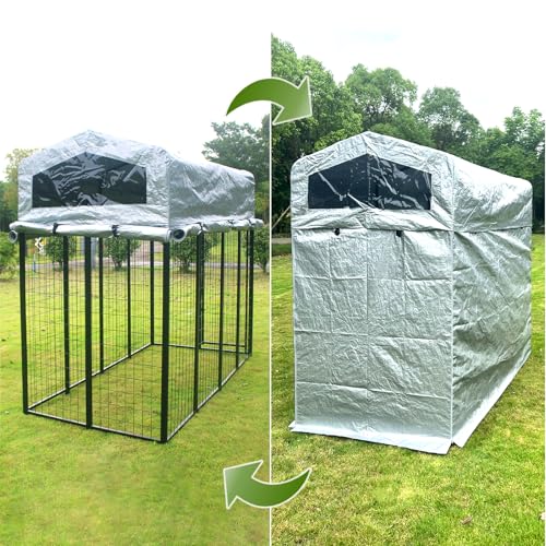 Outdoor Dog Kennel with roof, Large Dog Run Enclosure,Heavy Duty and Higher Outside Dog House with Anti-Rust Sidebar, Waterproof UV-Resistant Cover and Secure Lock (90" L x 90" W x 73" H)