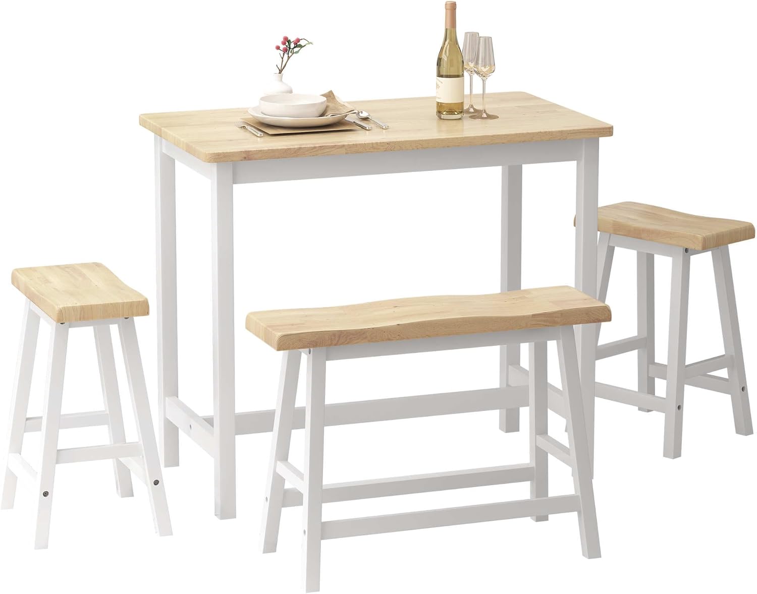 Modern Bar Dining Table Set for 4 All Rubber Wood Kitchen Bistro Counter Height Table Bench Stool for Dining Room Small Space Natural Color & White
