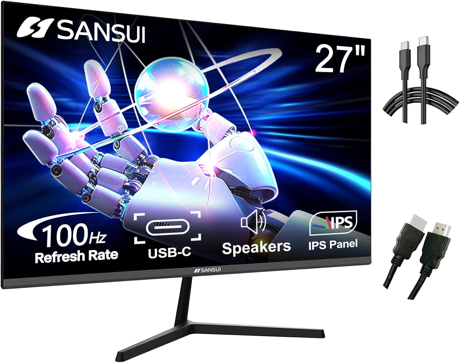 SANSUI Monitor 27 Inch IPS 100Hz Computer Monitor, USB-C FHD HDR Built-in Speakers HDMI DP RTS/FPS Tilt Adjustable VESA Compatible, for Game and Office (ES-27X3 USB-C Cable & HDMI Cable Included)