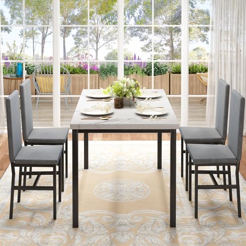 Hooseng Dining Table Set for 4- Space Saving Kitchen Table and Chairs for 4, Modern Style Faux Marble Tabletop & 4 PU Leather Chairs, Perfect for Dining Room,Breakfast Corner Small Spaces,Brown&White