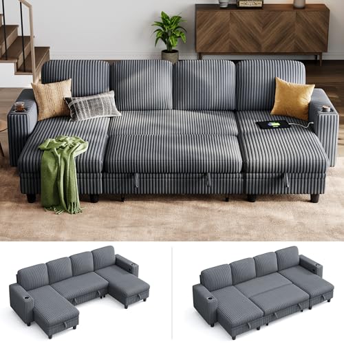 LINSY HOME Sectional Sleeper Sofa with Pull Out Couch Bed Convertible Plush Corduroy Cloud Couch with Storage Chaise & USB Charging, Comfy L Shaped Modular Couches for Living Room Apartment (Grey)