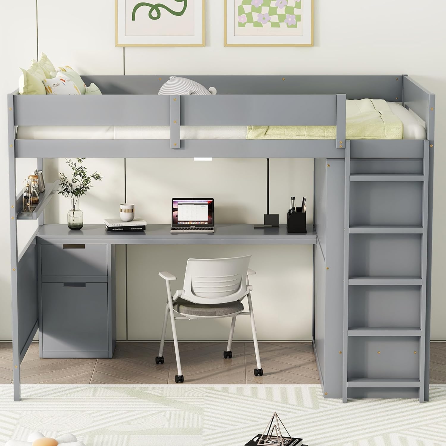 Full Size Loft Bed with Built-in Wardrobe and Underbed Study Desk, Modular Design Wood Loft Bed w/Storage Shelves, Ladder and Safety Guardrail for Kids Teens, No Box Spring Needed, Gray