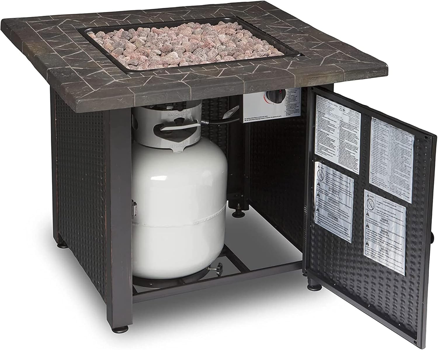 Endless Summer 30 Inch Square 30,000 BTU LP Gas Outdoor Fire Pit Table with Mosaic Resin Mantel, Steel Wicker Design Base, and Lava Rock, Black