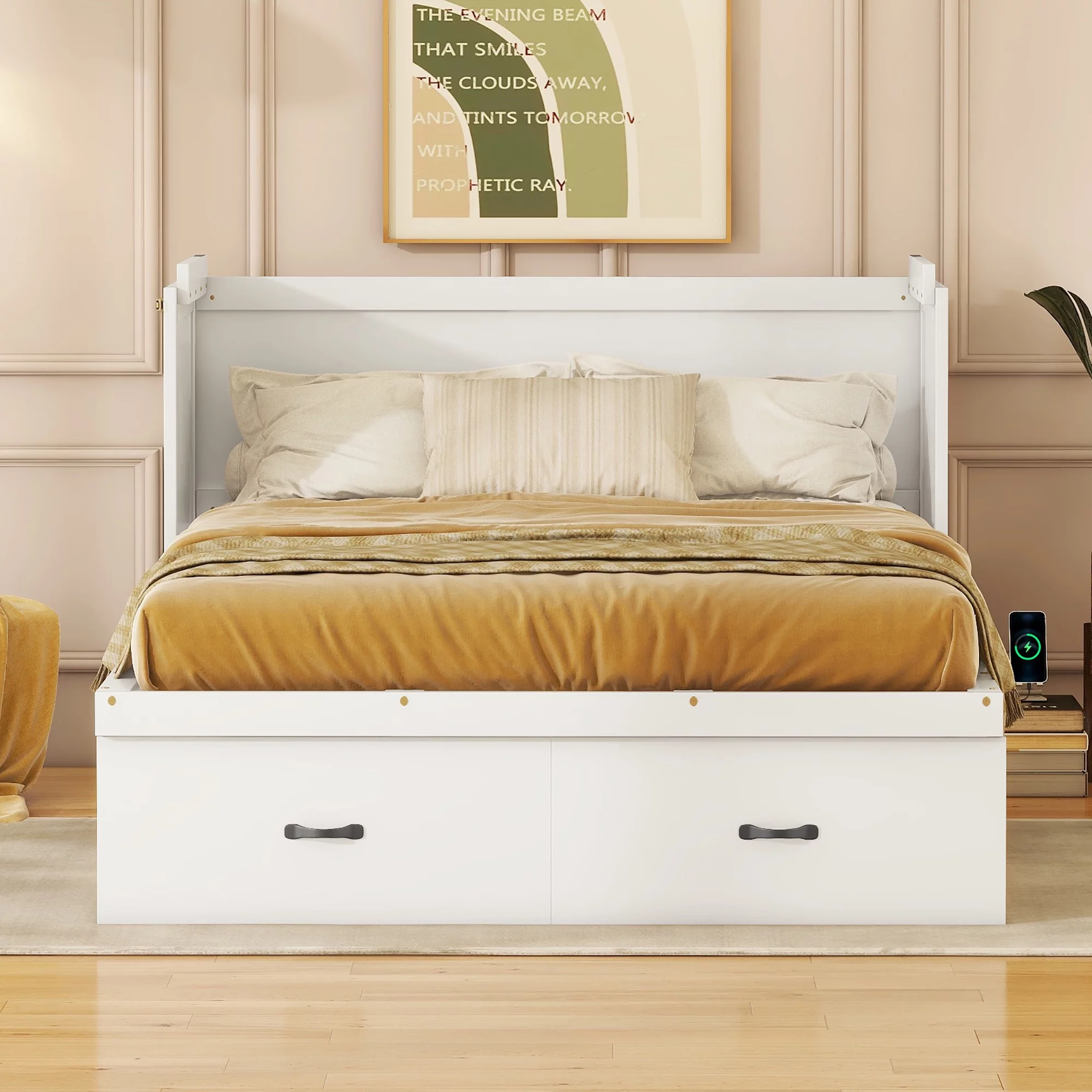 Bellemave Full Size Murphy Bed, Solid Wood Full Murphy Cabinet Bed with USB Port, Easy Fold Modern Murphy Beds with 2 Storage Drawers for Guest Room Home Office (Full,White)