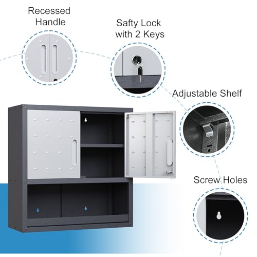 Garage Storage Cabinet Wall Cabinet with 2 Doors,Lockable Tool Cabinets Wall Mounted with Adjustale Shelves,Heavy Duty Steel Hanging Cabinets for Warehouse Kitchen Laundry,Assembly Required