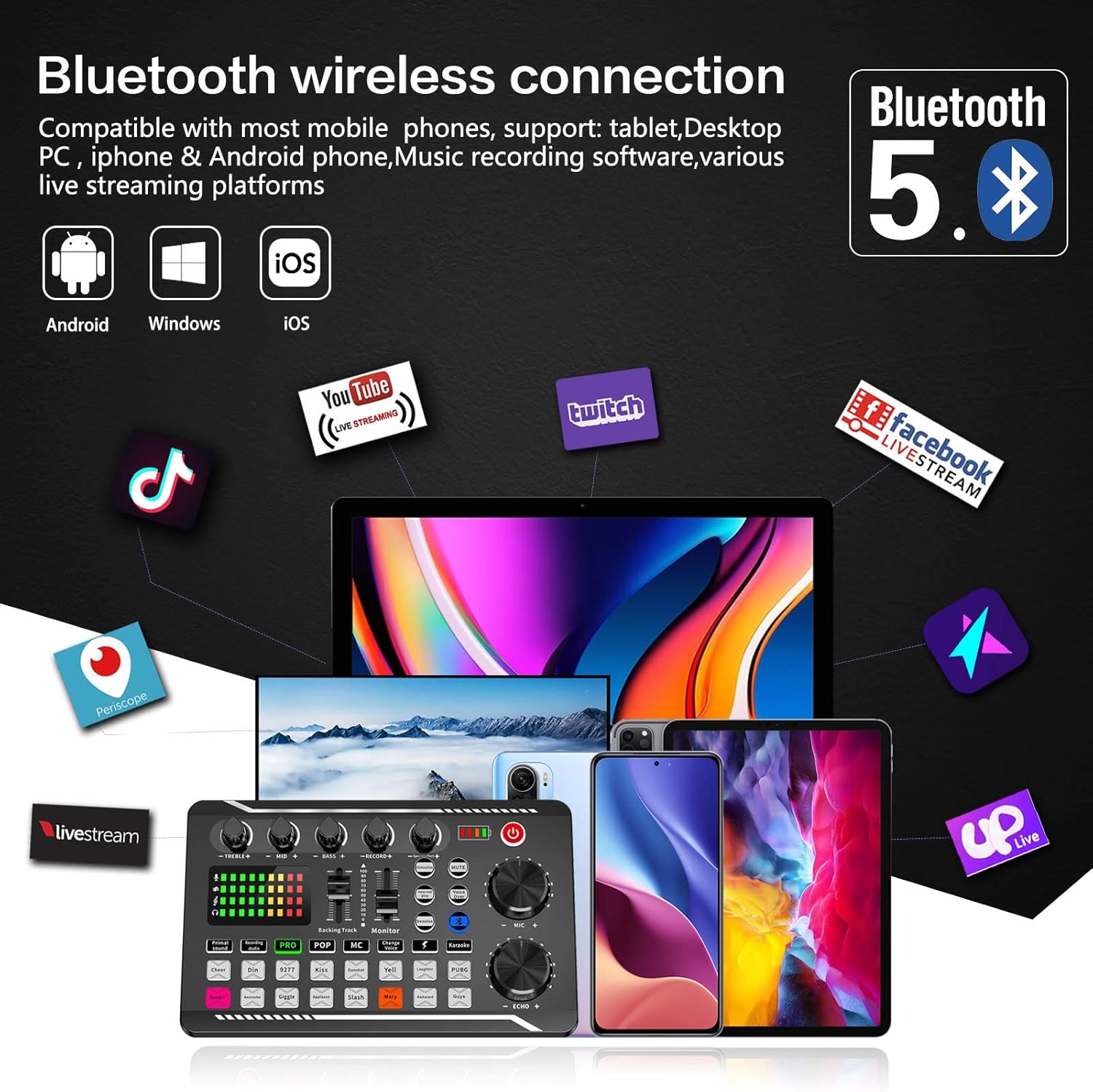Podcast Equipment Bundle, Sound Card ,Sound Board,Professional DJ Audio Interface Mixer, Portable ALL-IN-ONE Podcast Production Studio with XLR Microphone for Live Streaming, Recording and Gaming